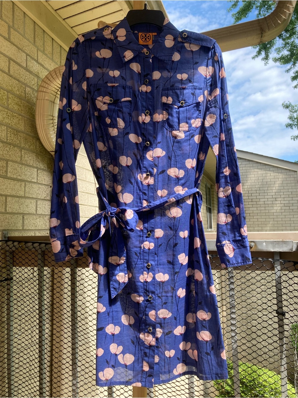Tory Burch 100% Cotton Blue Button Front Belted Shirt Dress Pink Flower Print - Picture 8 of 14
